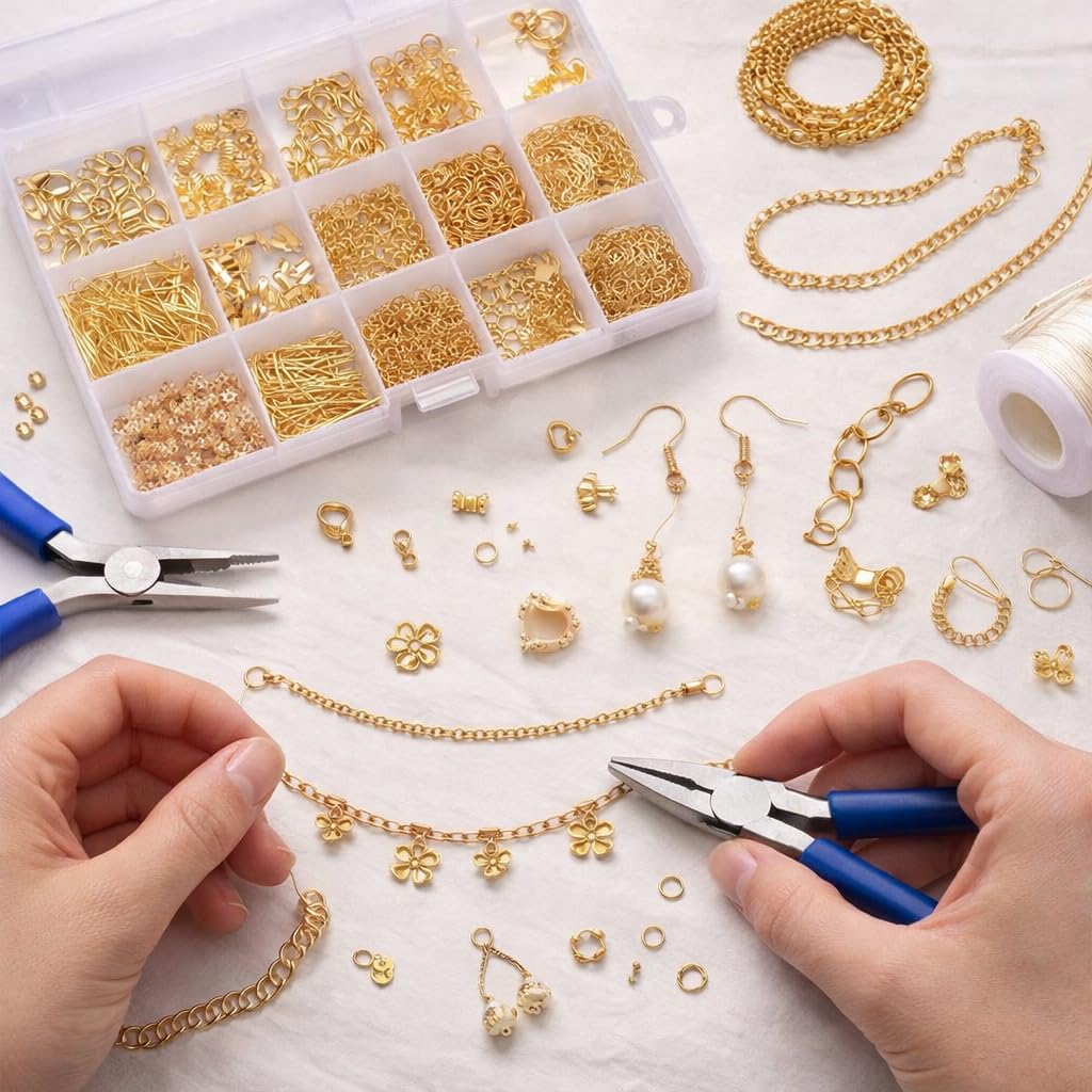 JAUNTY Golden Plated Jewellery Finding Material Mix Box, Eyepins, Headpins, Ear Hooks, Bead Caps, Jumprings, Clasps Chains and Cord End for Jewellery Making and Crafts Work 1