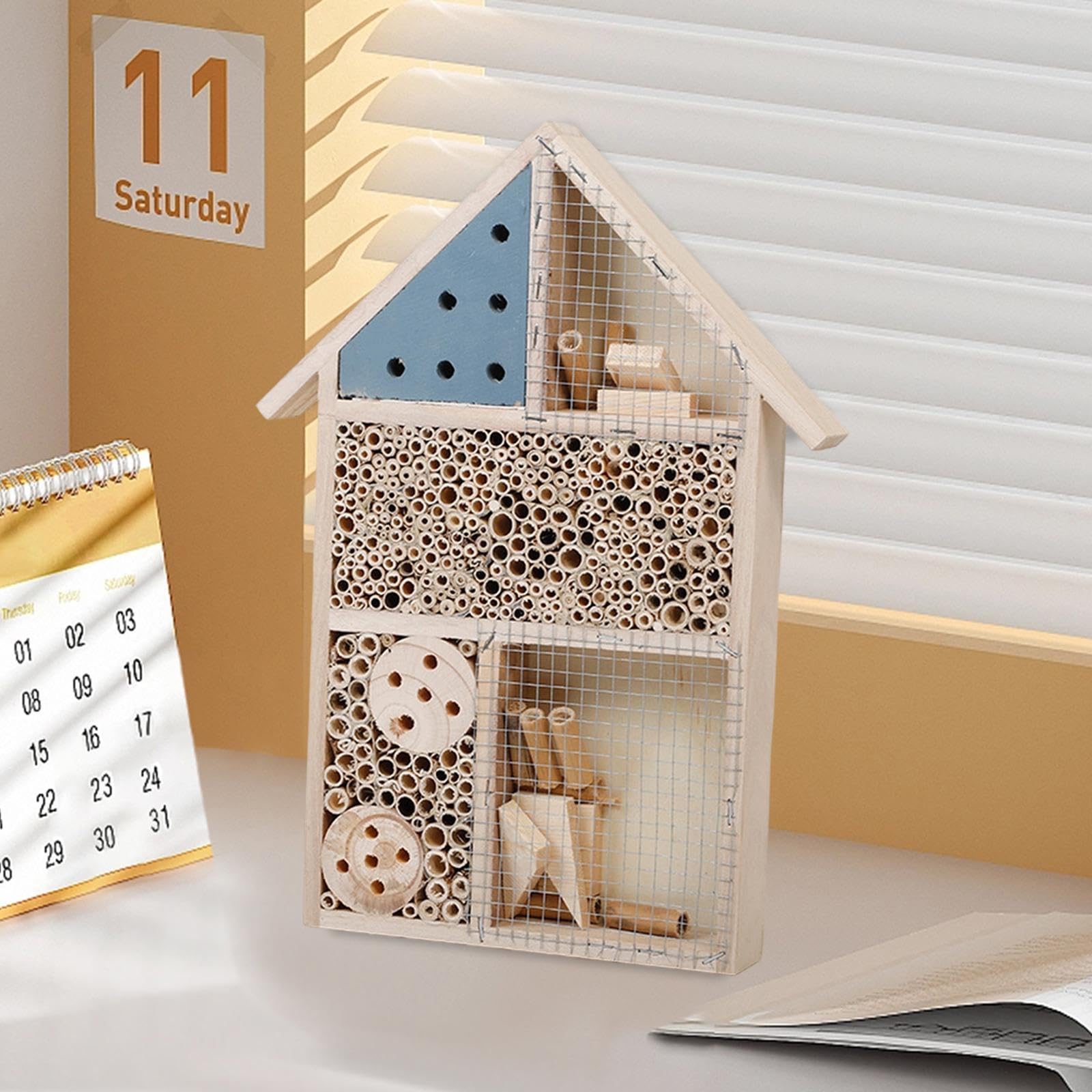 Rifugio per E Farfalle in Legno Hotel per Insetti Casetta da Appendere Protezione dagli Agenti Atmosferici Decorazione da Giardino, Blu, 25x4x35cm
