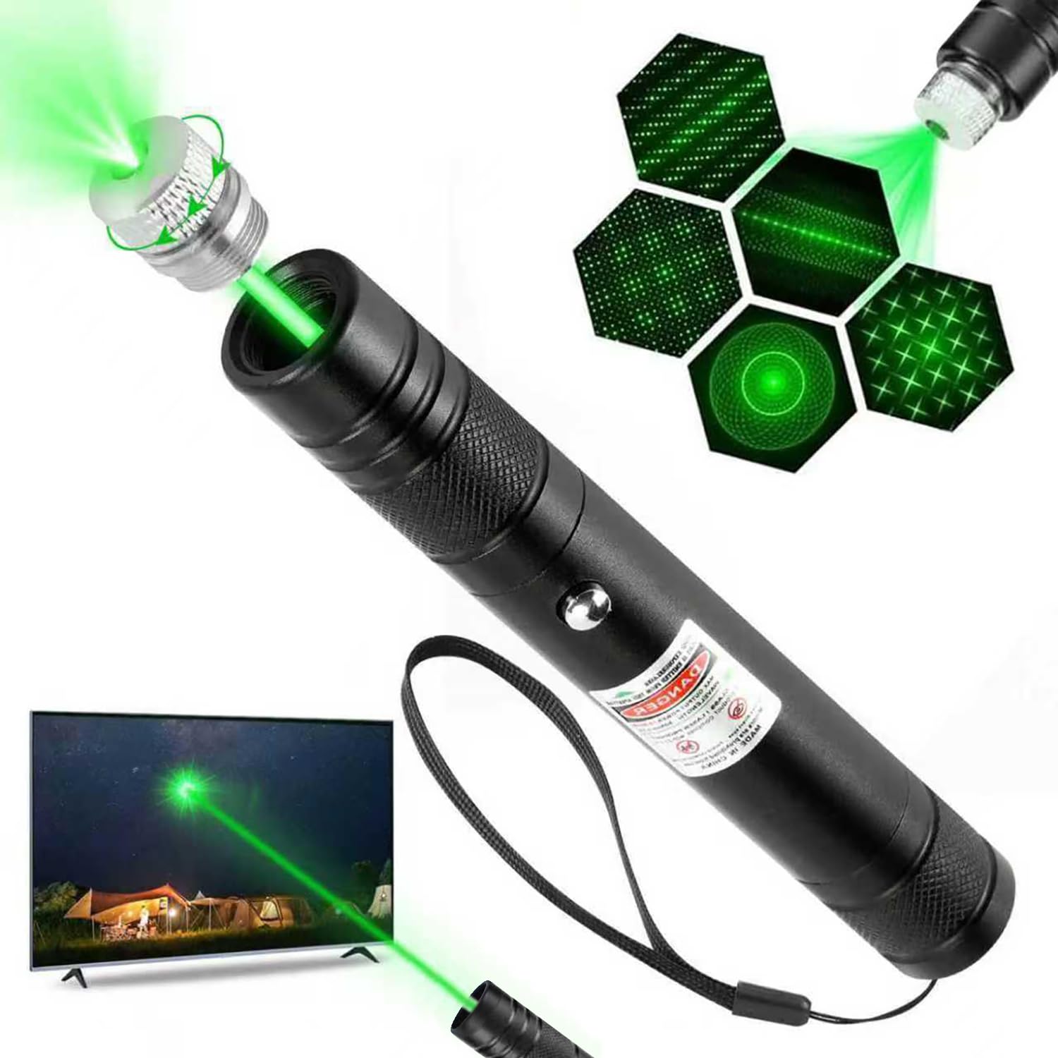 High Power Green Laser Pointer with Removable Star Cap, Long Range Single Pinpoint Mode, Built-in USB Rechargeable Lazer for Astronomy, Hiking, Presentations and Interactive