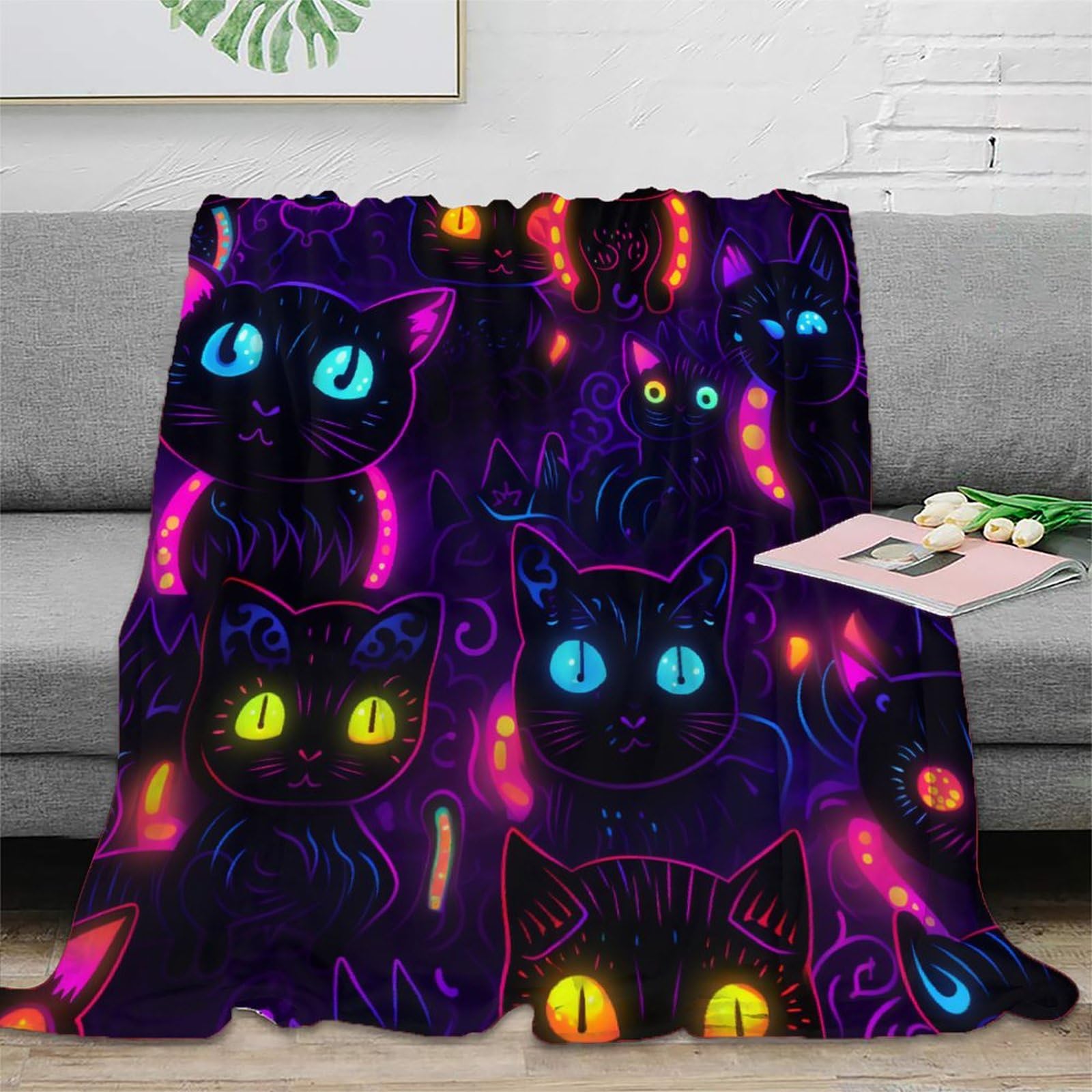 Gattino neon Coperta in Flanella 3D Con Stampa Di Gatto Peluche Coperte Microfibra Caldo Morbida Per Bambini Adulti Coperta Decorata ，per Divano Letto Ufficio 70x80inch(180x200cm)