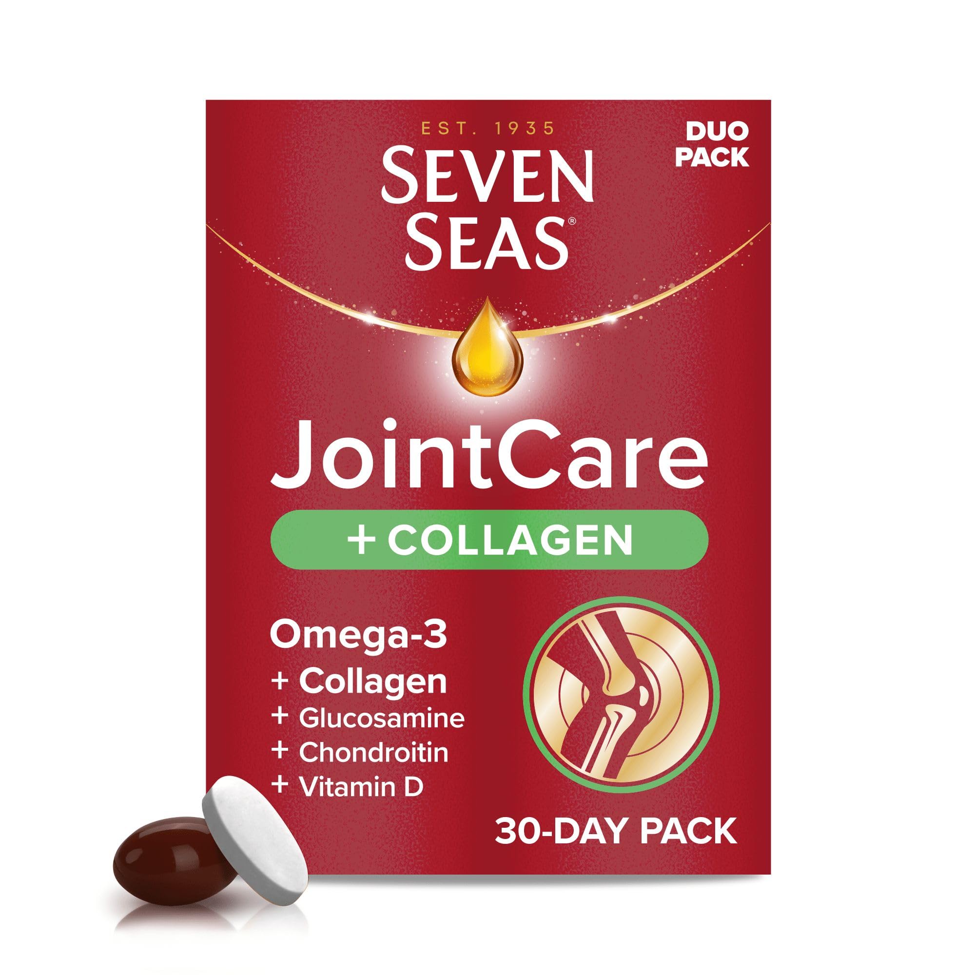 Seven Seas JointCare Plus Collagen, with Omega-3, Glucosamine, Chondroitin, Vitamins C and D, Manganese and Zinc, Food Supplements, 30-Day Pack