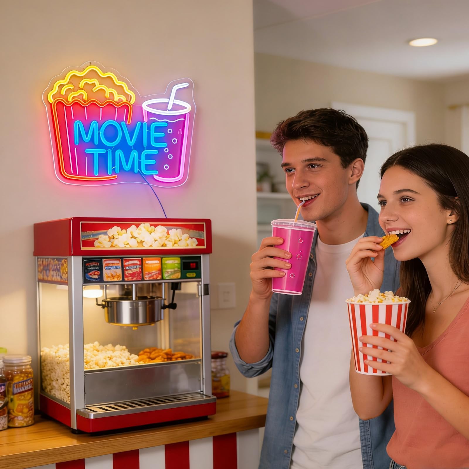 Movie Time - Insegna al neon con popcorn e bevande, luce LED dimmerabile per Home Theater e cinema, decorazione per la camera da letto, regalo per gli amanti del cinema (38 x 30 cm)