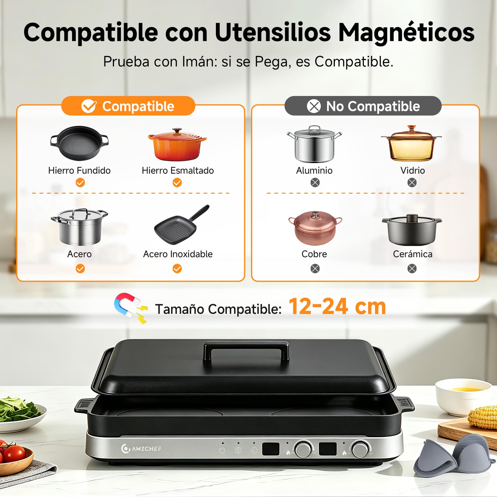 AMZCHEF 3000W Placa de Inducción Doble, Placa de Inducción 2 Fuegos Portátil con Plancha Grill Extraíble, 9 Niveles de Potencia/Temperatura, para Barbacoa Interior y Autocaravana, Gris Hierro