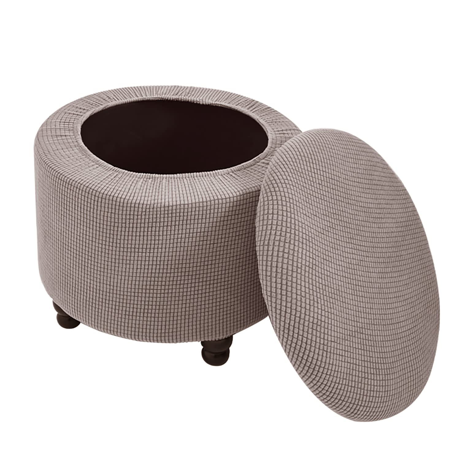 Thdsubb Round Ottoman Slipcover Stretch Ottoman Cover Jacquard Pouffe Cover Foot Stool Cover Anti-Slip Footstool Protector Covers (Taupe,With lid)