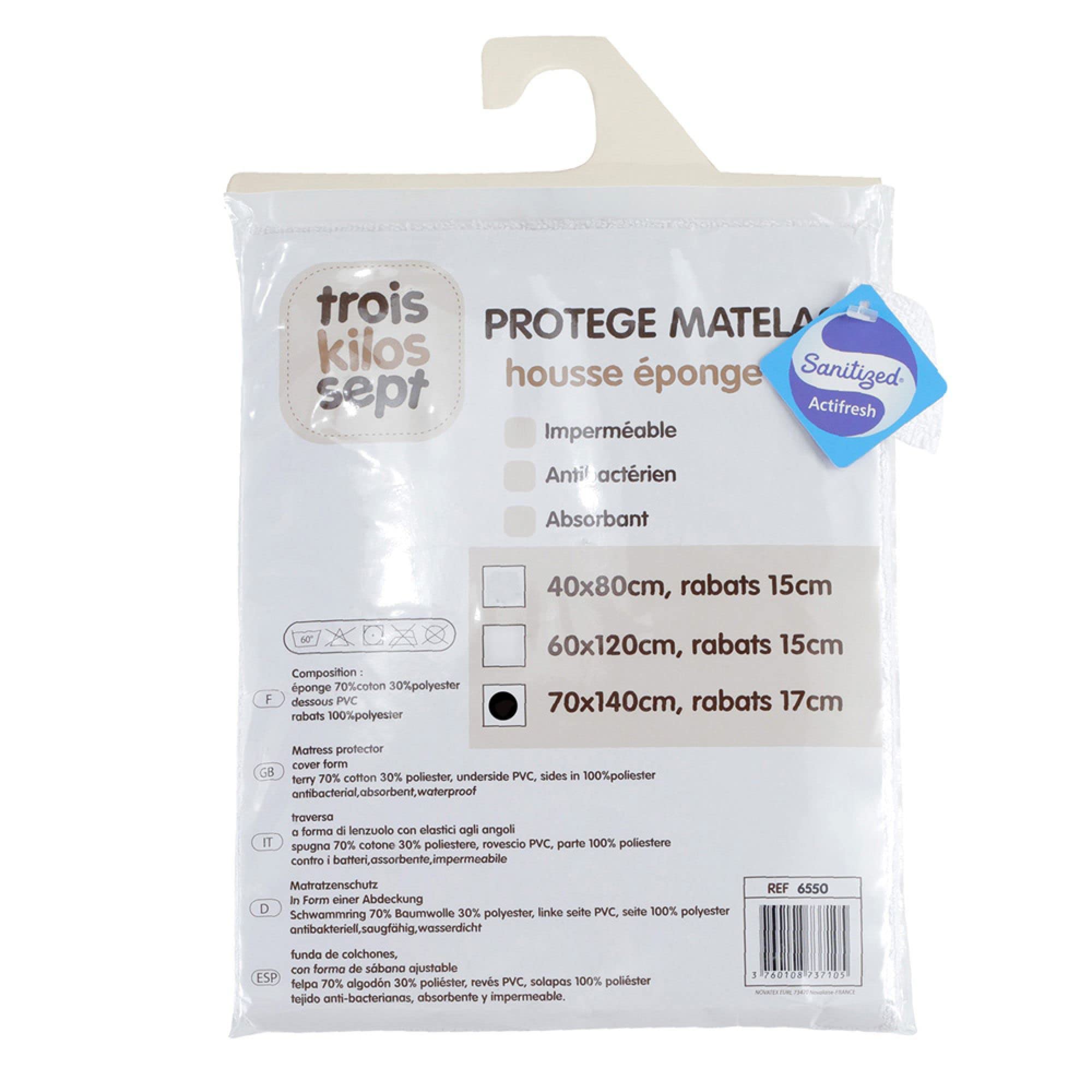TROIS KILOS SEPT - Coprimaterasso per bambini 70 x 140 cm - Rivestimento in spugna impermeabile e traspirante - Certificato OEKO-TEX® - Antibatterico e assorbente - Trattamento SANITIZED - Bianco