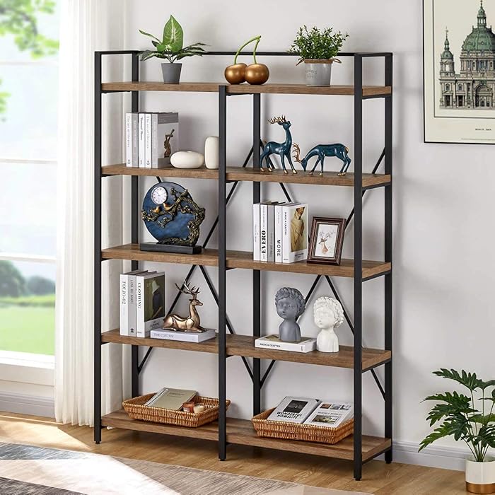 Buy FATORRI Industrial Bookshelf 5 Tier, Rustic Wood Etagere Bookcase, Metal Tall Book Shelf