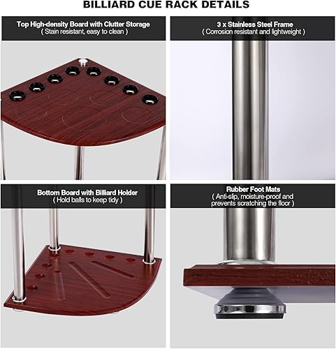 Miniatura 4 de Lineslife Soporte esquinero para tacos, soporte para 8 palos de piscina, fácil de montar, material de madera de roble para billar, sala de billar,