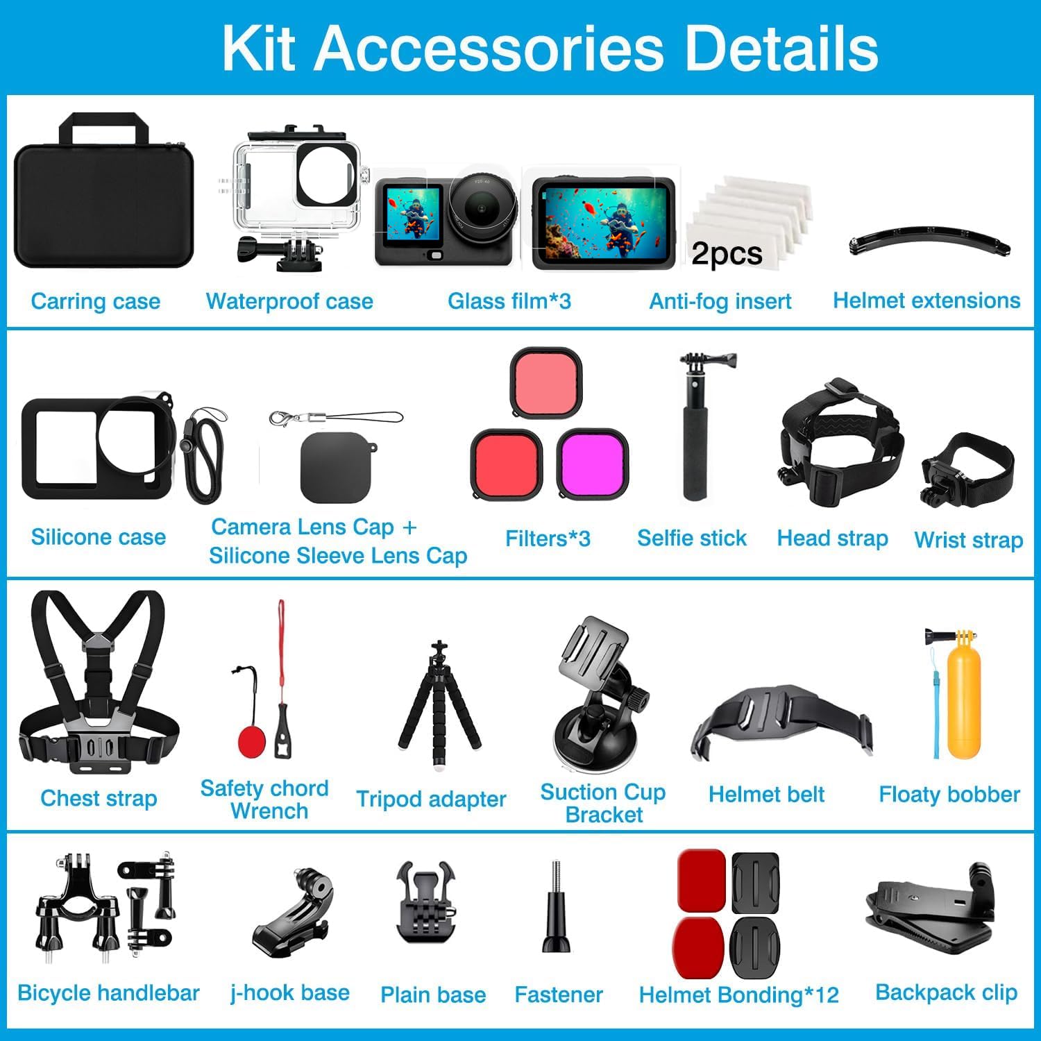 Accessori per DJI Osmo Action 5 Pro/4/3, custodia impermeabile Saprdii, pellicola proteggi schermo, filtro accessori subacquei, supporto per bicicletta selfie stick, supporti per torace/testa/manubrio