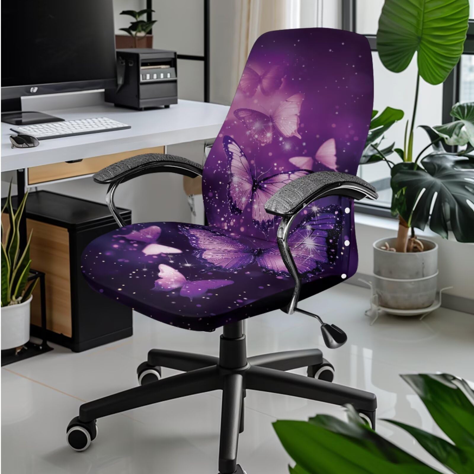 Xoenoiee Housse extensible pour fauteuil de bureau avec accoudoirs, porte-mouchoirs en cuir synthétique et support à distance, motif papillon étincelant, violet, taille S