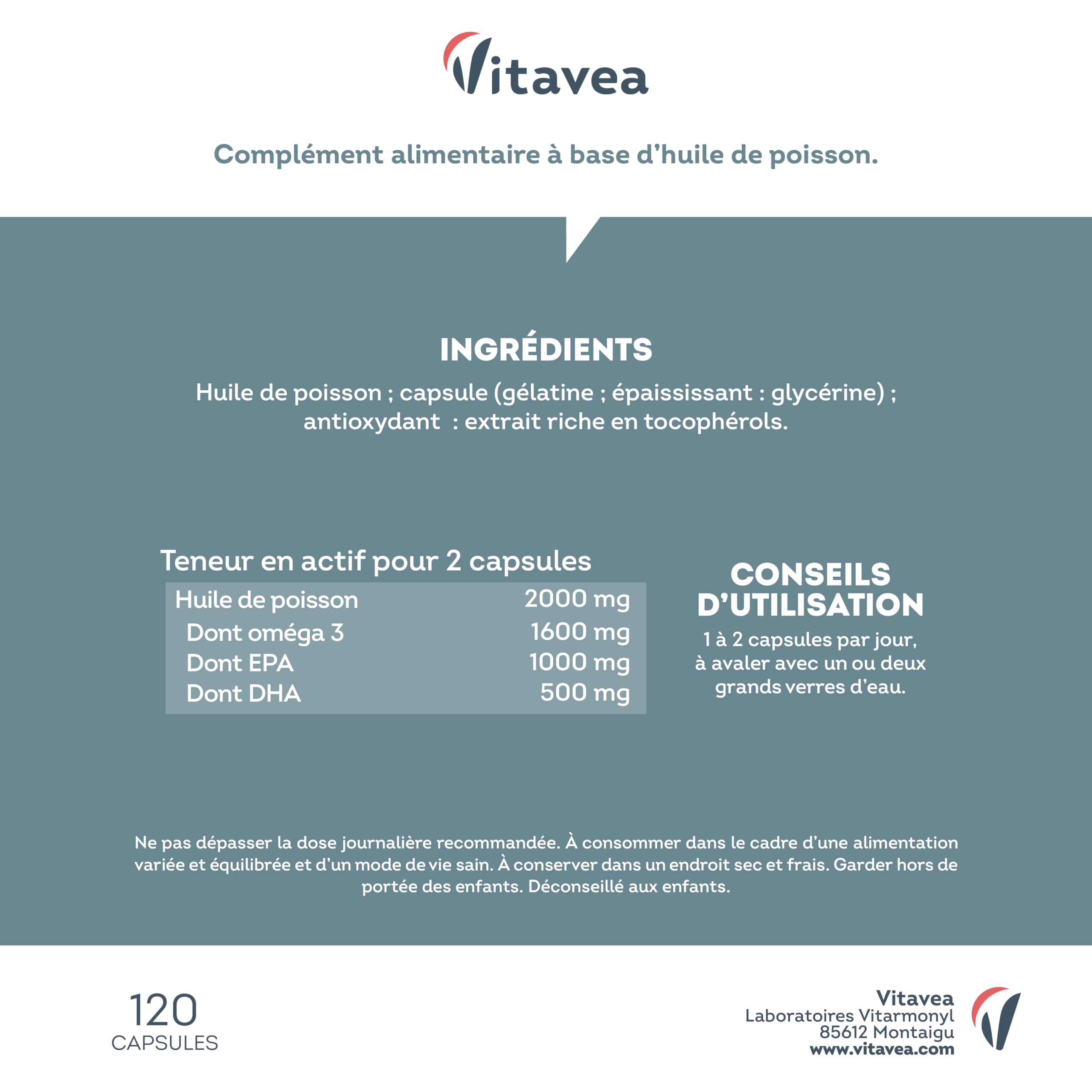 Omega 3 Huile de Poissons Sauvages 2 000mg - 4 mois - Haute concentration en EPA (1 000mg) et DHA (500mg) - Soutien des fonctions cognitives et visuelles - Fabriqué en France - Vitavea
