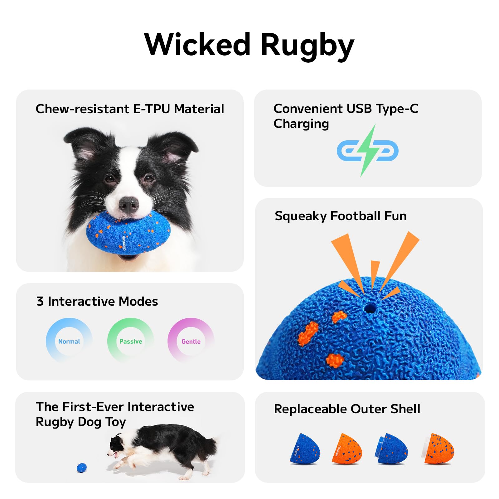 Cheerble Smart Squeaky Dog Ball Toys, Wicked Rugby with 3 Modes, E-TPU & Rechargeable, Interactive Dog Toy Balls - Image 3