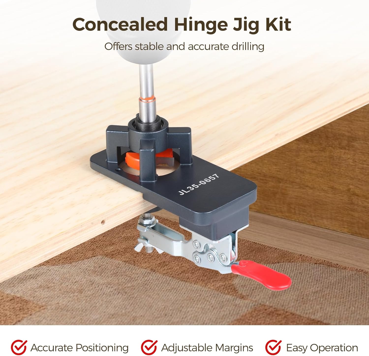 Adjustable Concealed Hinge Jig with Quick Clamp for Precise 35 Mm Hole Drilling in Cabinets and Furniture