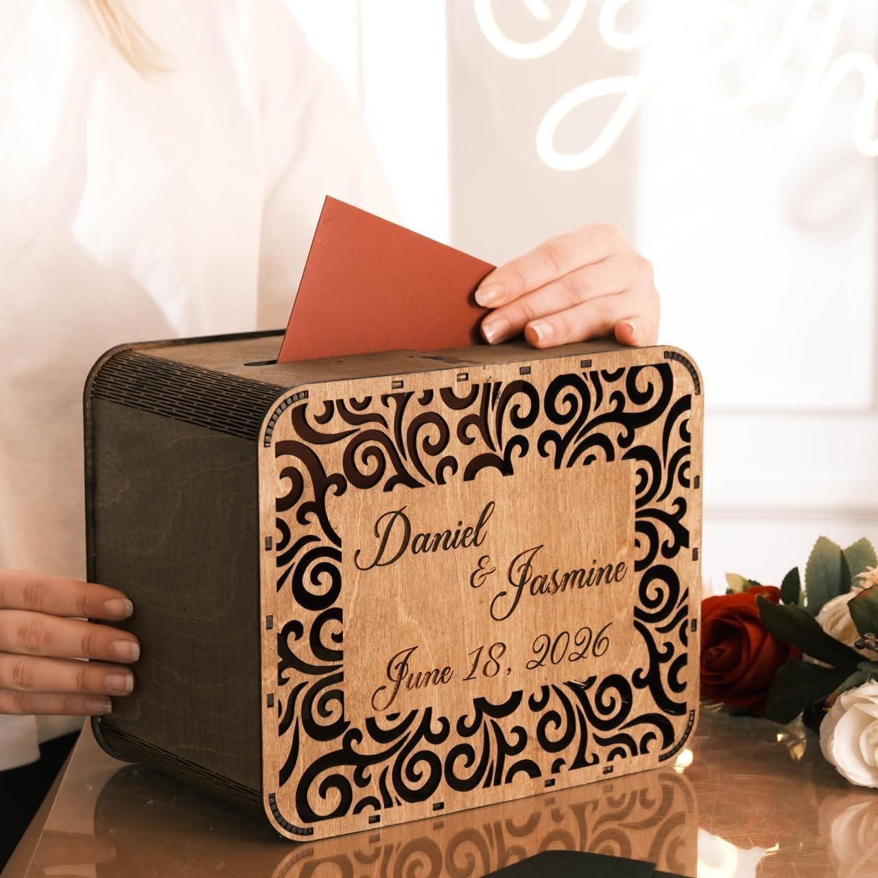 EMC Personalized Wood Card Box for Wedding & Engagement – Rustic Wedding Card Holder with Slot – Bridal Shower, Baby Shower & Birthday Decor