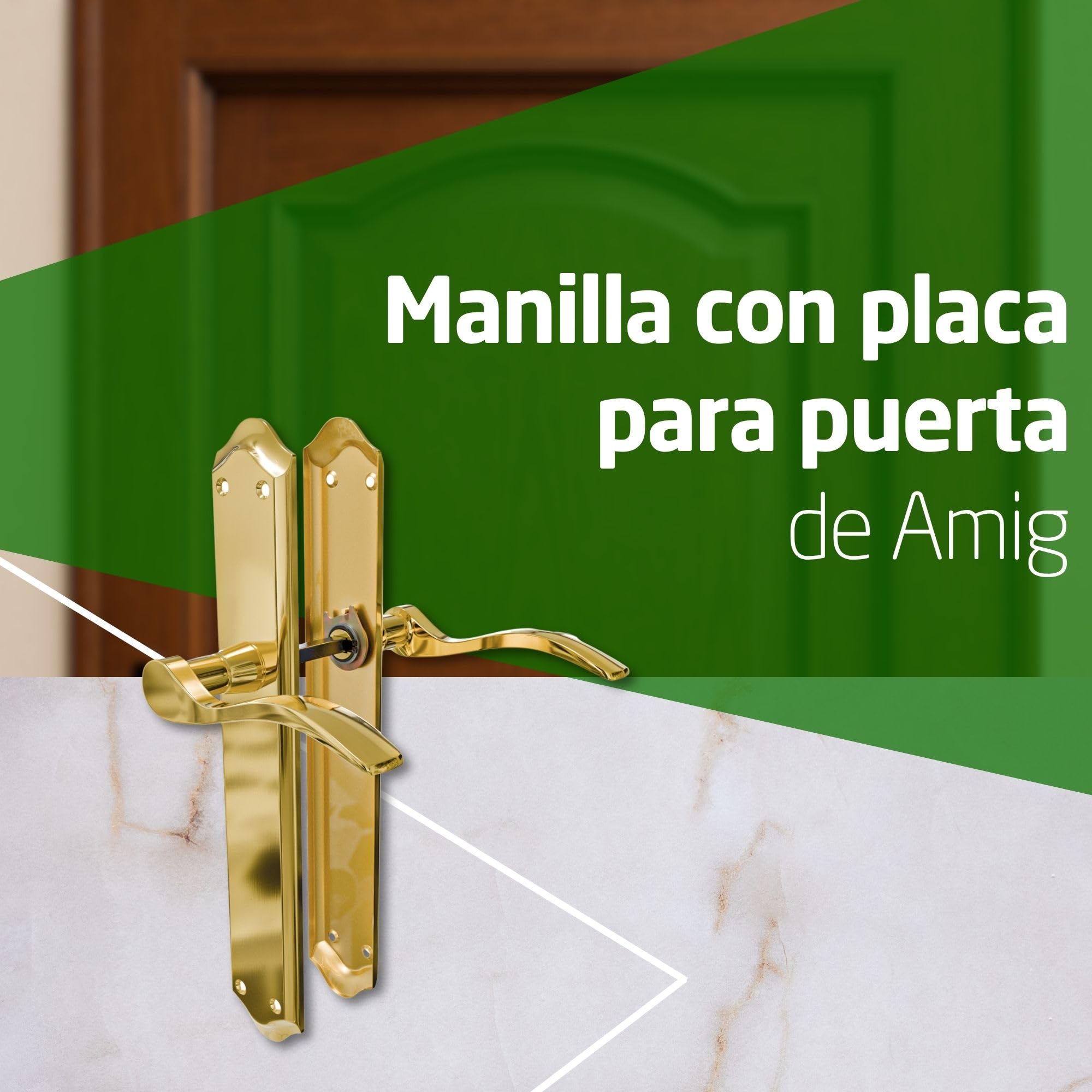 Amig – Juego de Manillas con Placa para Puerta – 256 x 48 mm - Placa de Acero y Tirador de Aluminio – Cuadradillo de 8 mm – Latonado Mate - Mod. BETA - Incluye Tornillos Pasantes Antirrobo