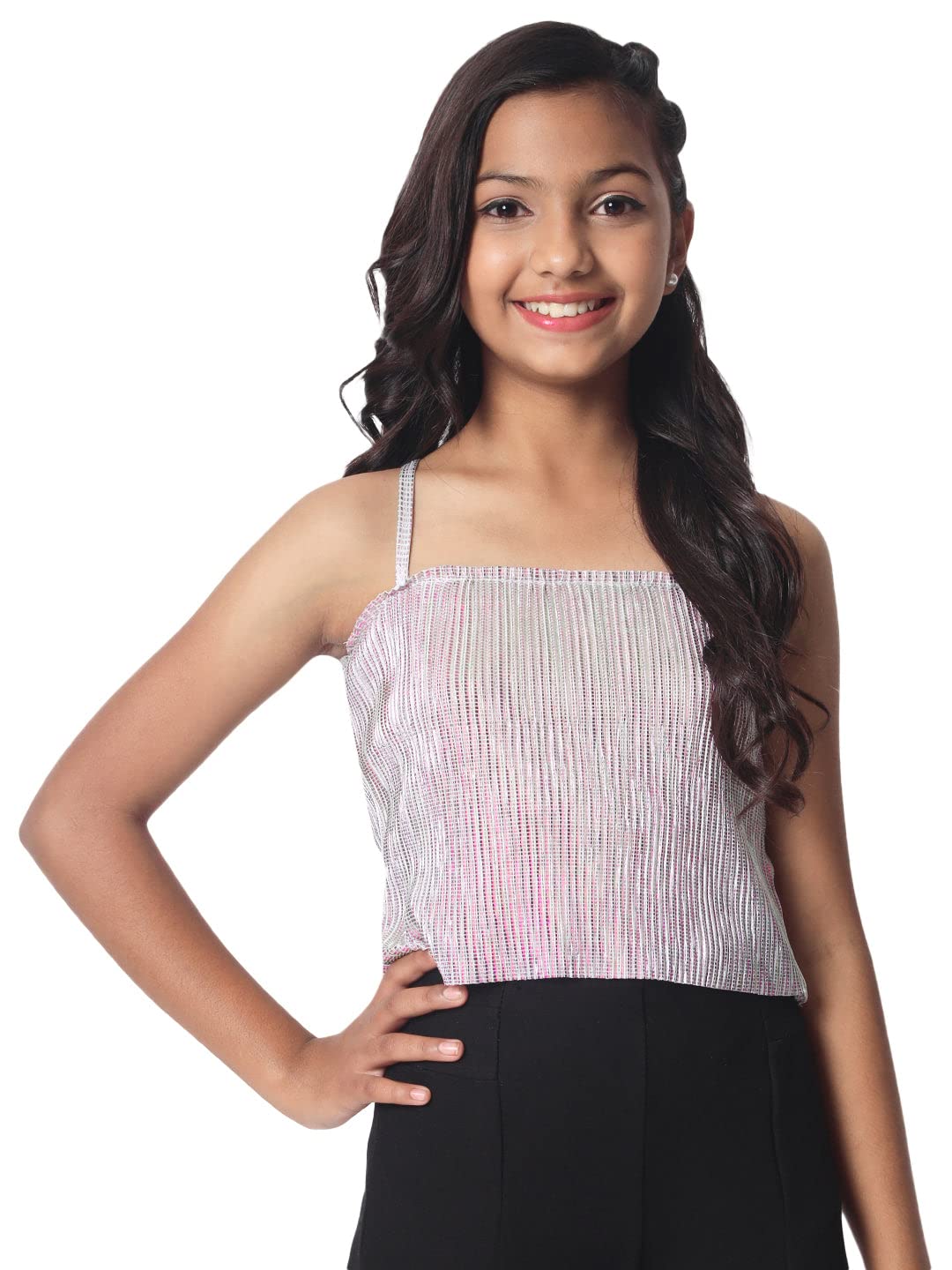studio rasaGirls Metallic Pleated Spaghetti Top for Party Evening