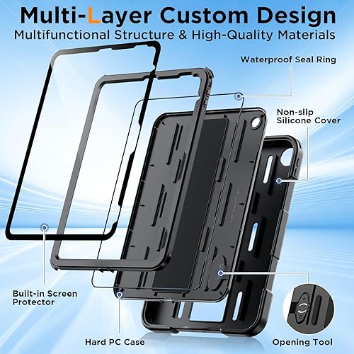 Miniatura 7 de Funda para iPad A16 de 10 generación, a prueba de caídas de grado militar, resistente al agua IP68, con protector de pantalla, soporte y correa de