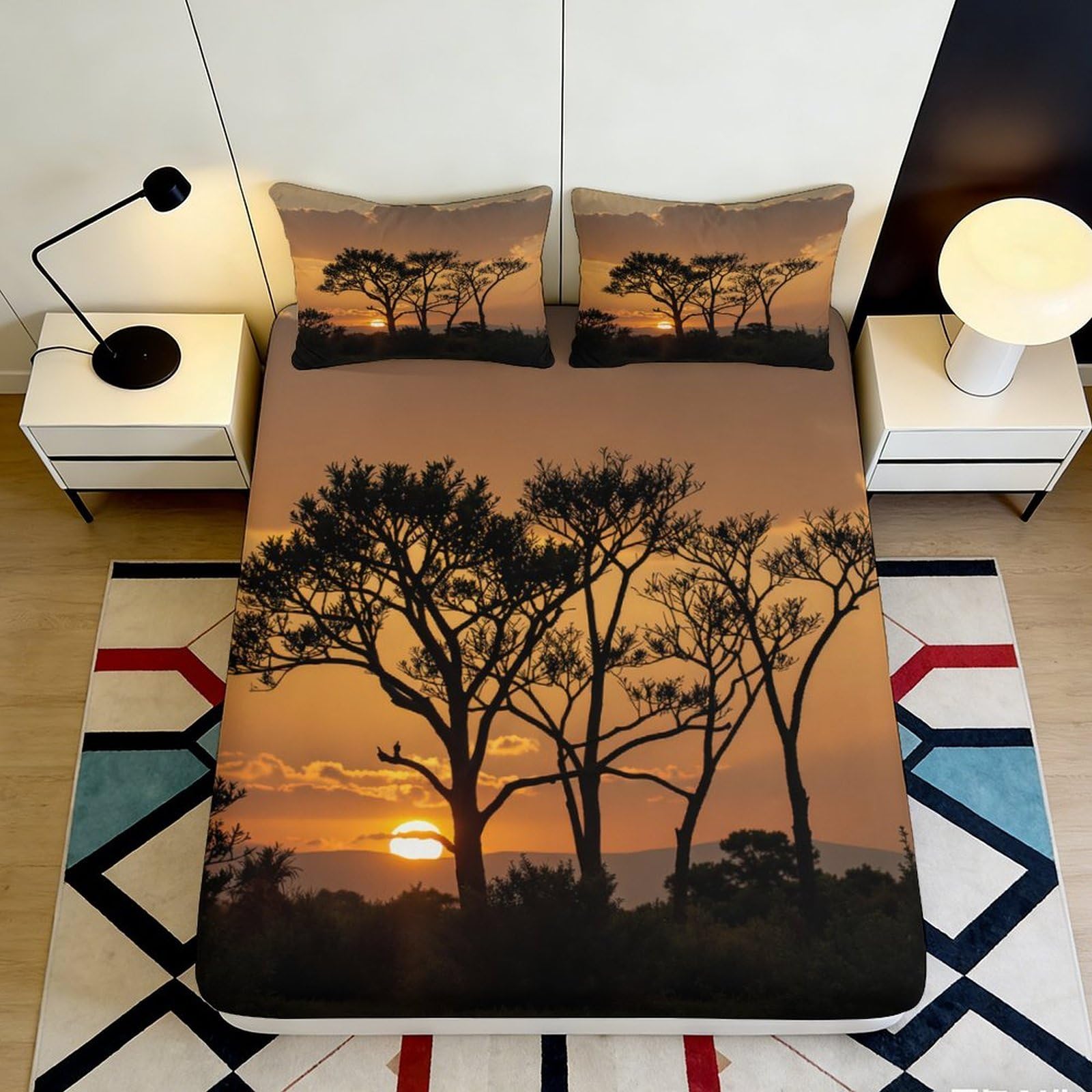3D Printed Sunset Landscape Fitted Sheet Microfiber Deep Pocket Non-Slip Sunset Mattress Fitted Cover for Bedroom 200x200x25cm