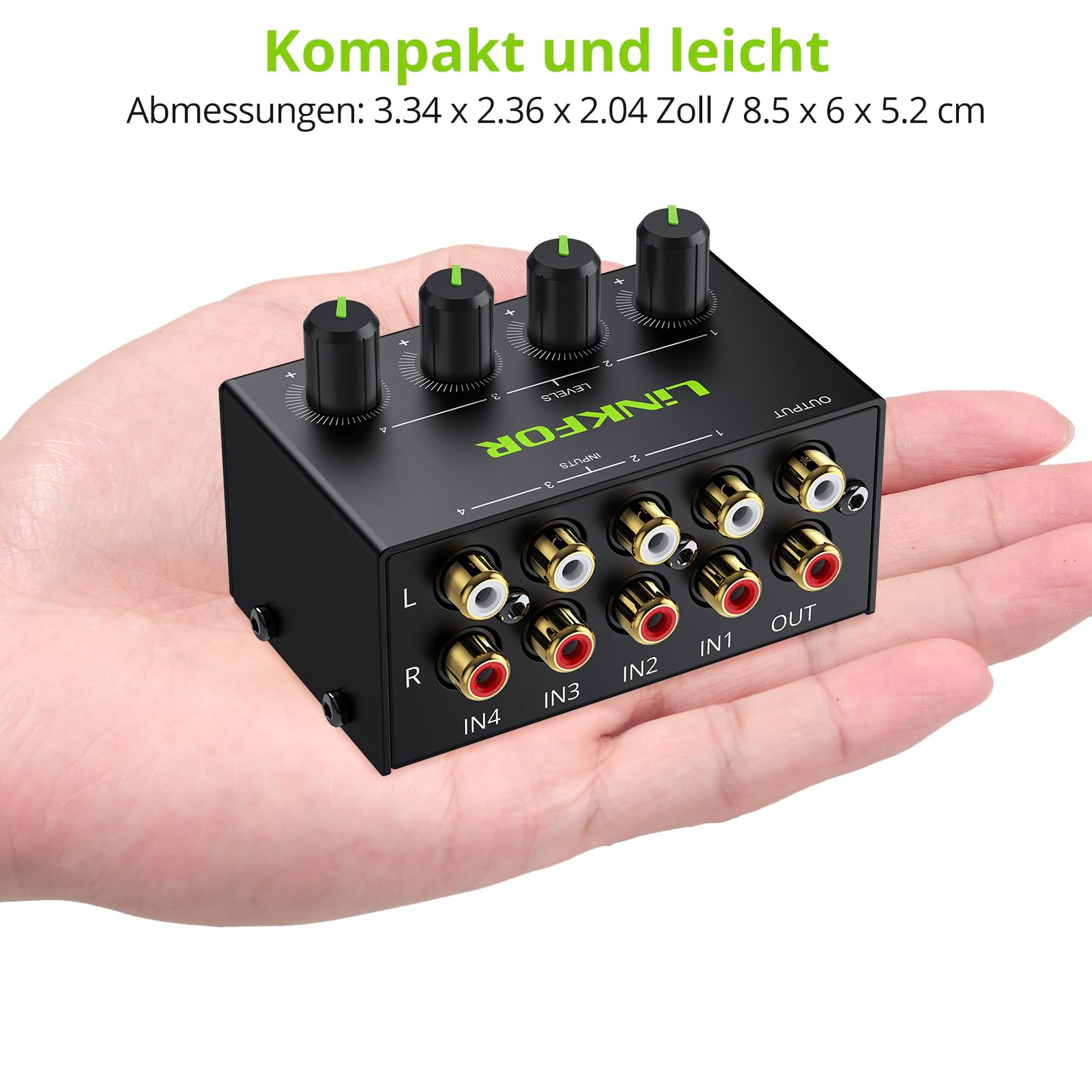 LiNKFOR Audio Mixer Stereo Passiver Mischer 4 Kanal Stereo Audiomischer mit 4 Eingänge und 1 Ausgang Mini-Stereomischer mit separaten Lautstärkereglern für Mischinstrument, CD-Player, Clubs/Bars, PC