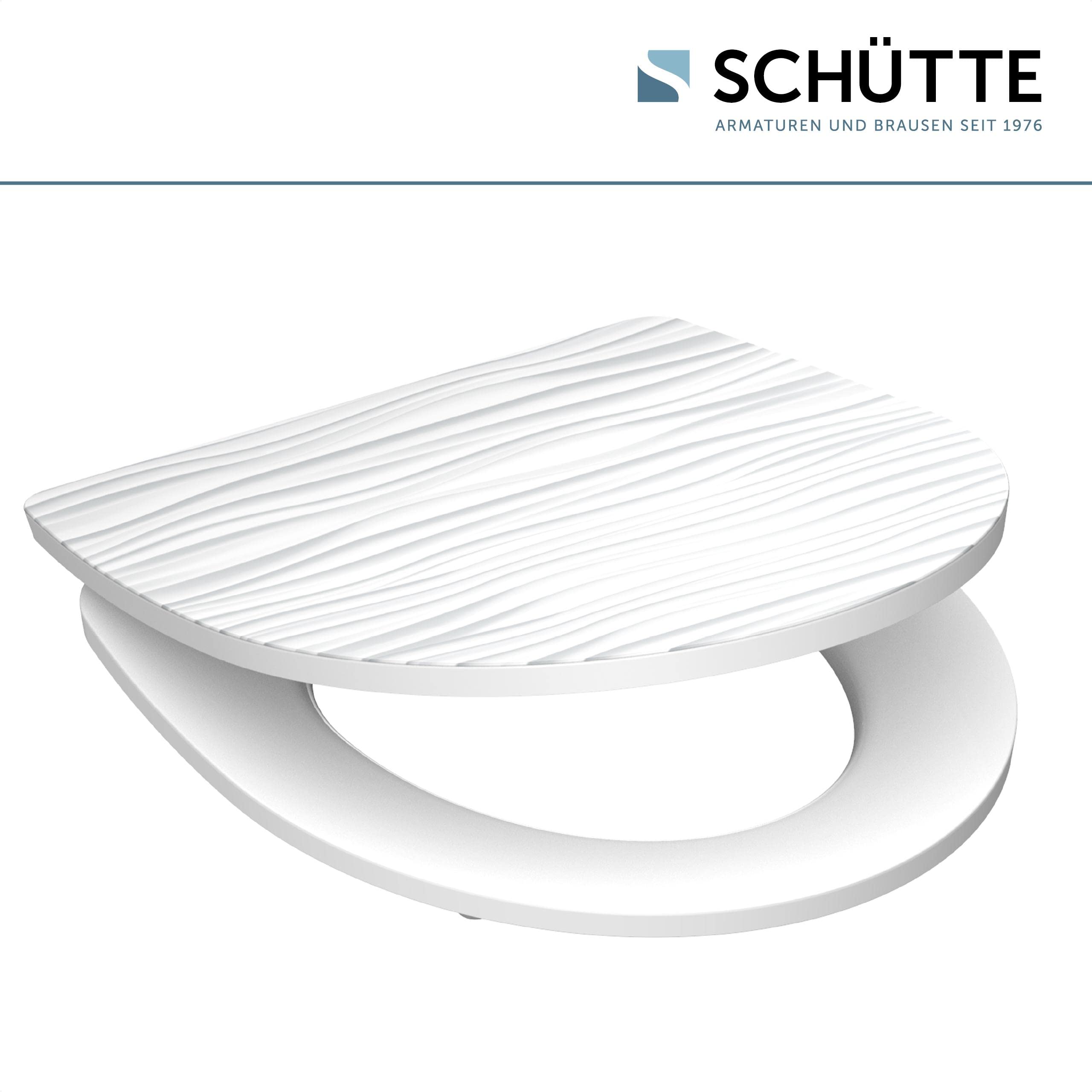SCHÜTTE 82584 - Sedile WC in Duroplast High Gloss, bianco, con abbassamento automatico e chiusura rapida, motivo