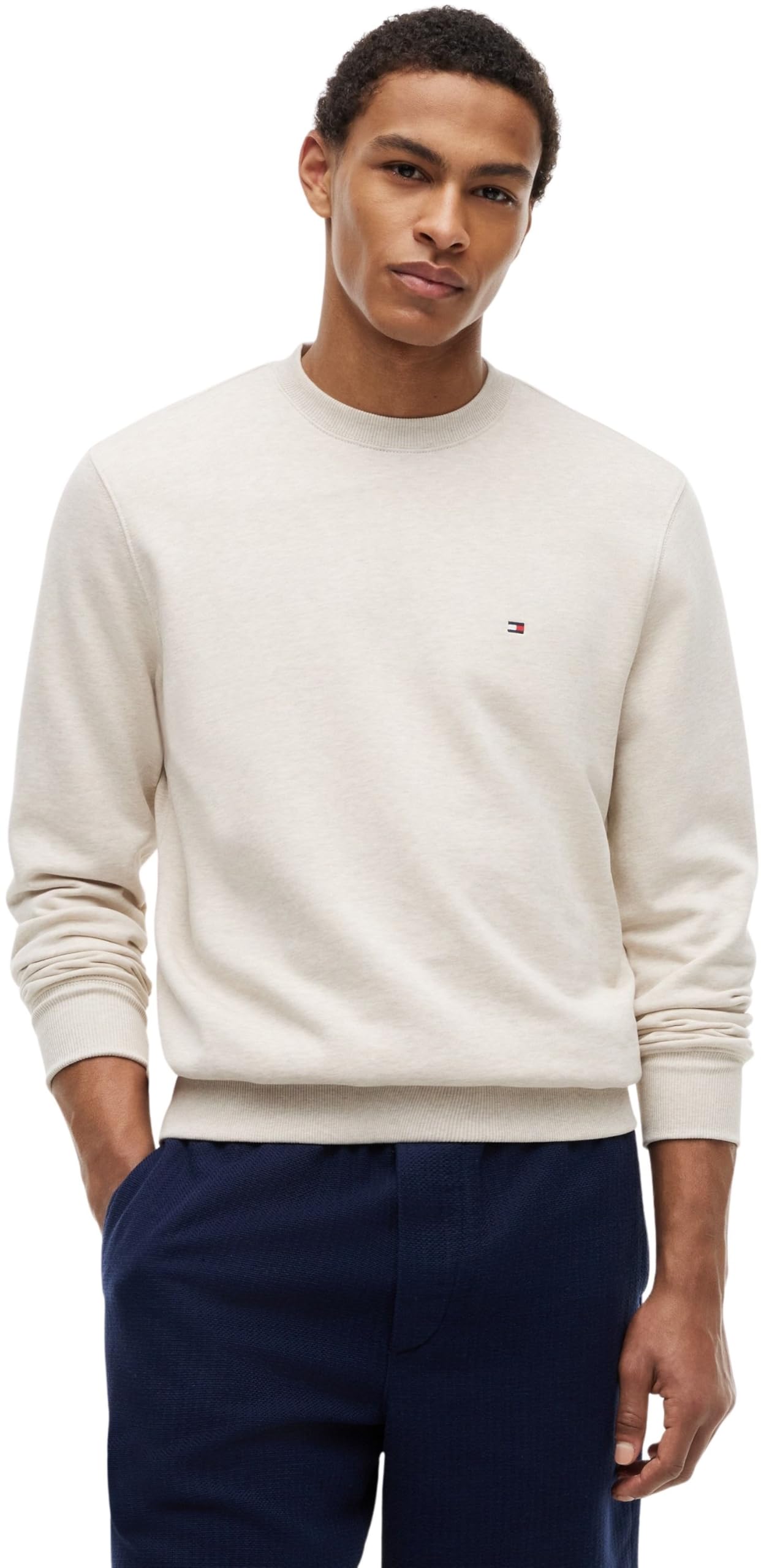 Tommy Hilfiger Men's Essential Terry Crewneck MW0MW37237 Pullover Sweatshirt, BEIGE (Heathered Oatmilk), L