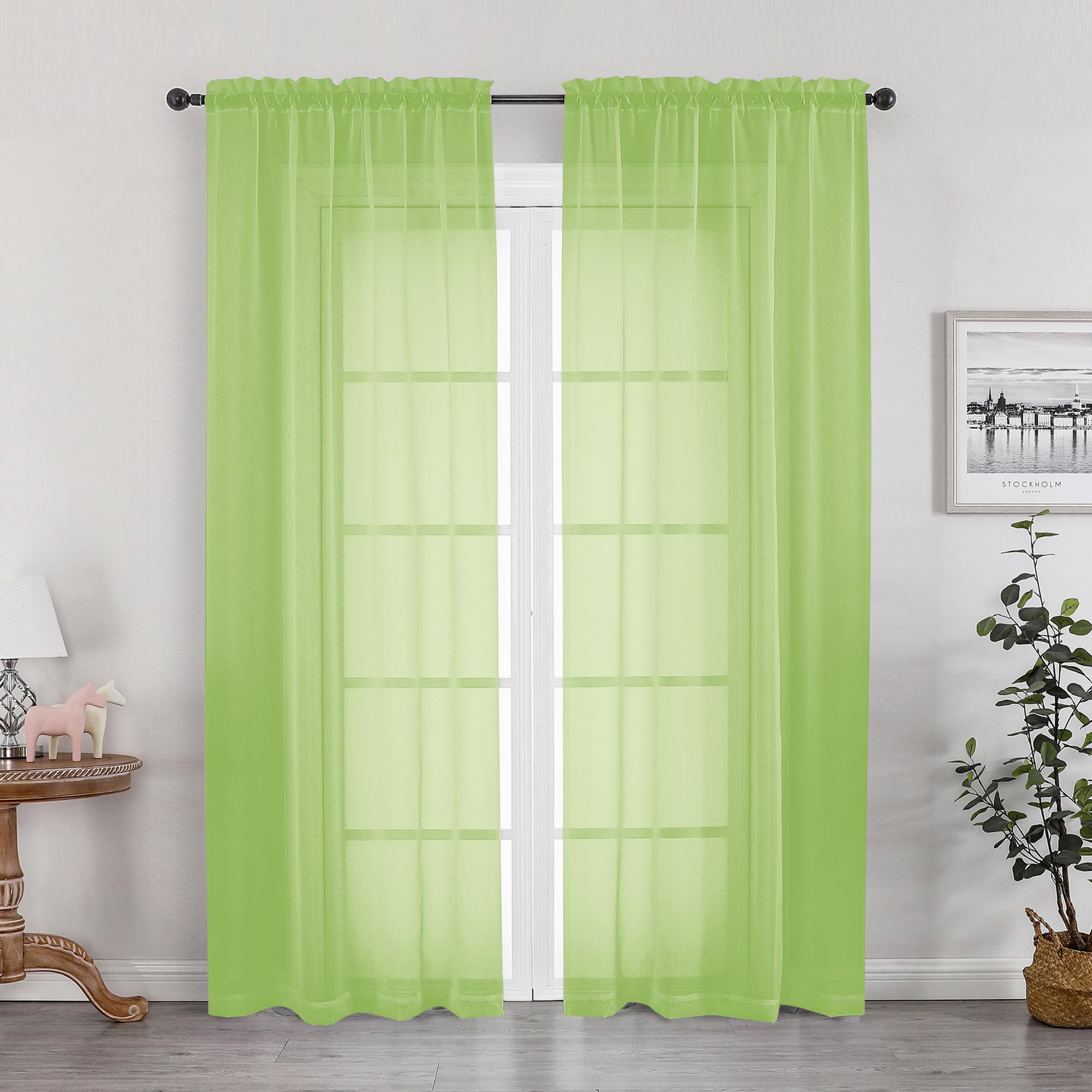 OWENIE Lime Sheer Curtains for Bedroom Living Room 72 Inches Long 2 Panels Set, Modern Light Filtering Sheer Curtain Rod Pocket Clear Drapes for Window Sliding Door, Lime, Each 42 x 72 Inch