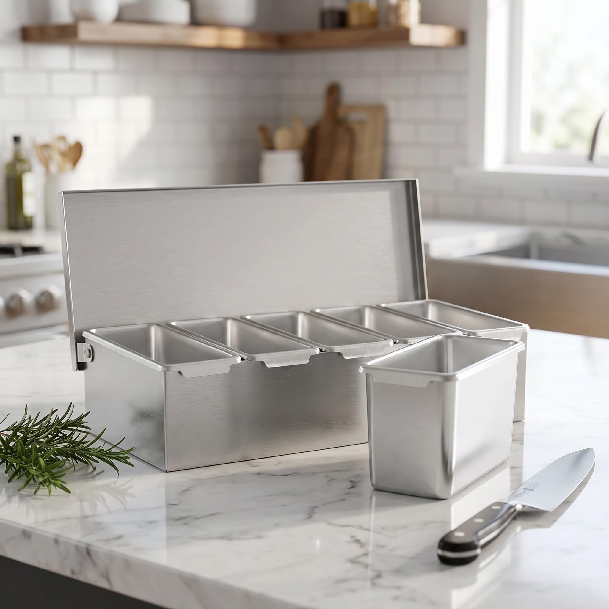 Dispensador De Condimentos De Acero Inoxidable De 5 Compartimentos con Tapa - Recipiente Fácil De Limpiar para Cocina, Restaurante Y Bar - Ideal para Salsas, Especias Y Silver 5 Compartments