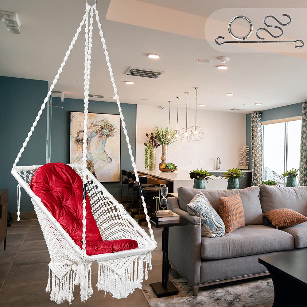Patiofy Made in India Premium Square Shape Hammock Hanging Cotton Swing Chair with Cushion & Accessories for Kids & Adults/Indoor and Outdoor/ 150Kg Capacity/Swing with Large Red Cushion (White)