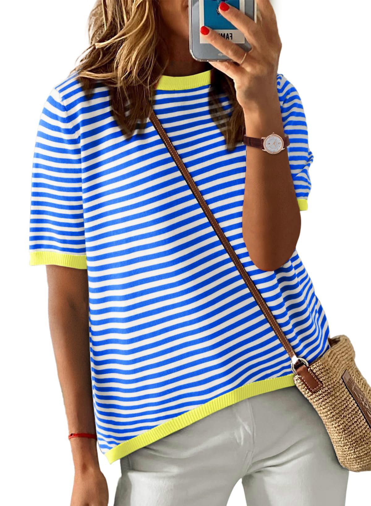 PASUDA Kurzarm T-Shirt Damen Sommer Casual Rundhals Strickpullover Oberteile Bequem Lose Gestreiftes Tshirt Damen Bluse Top