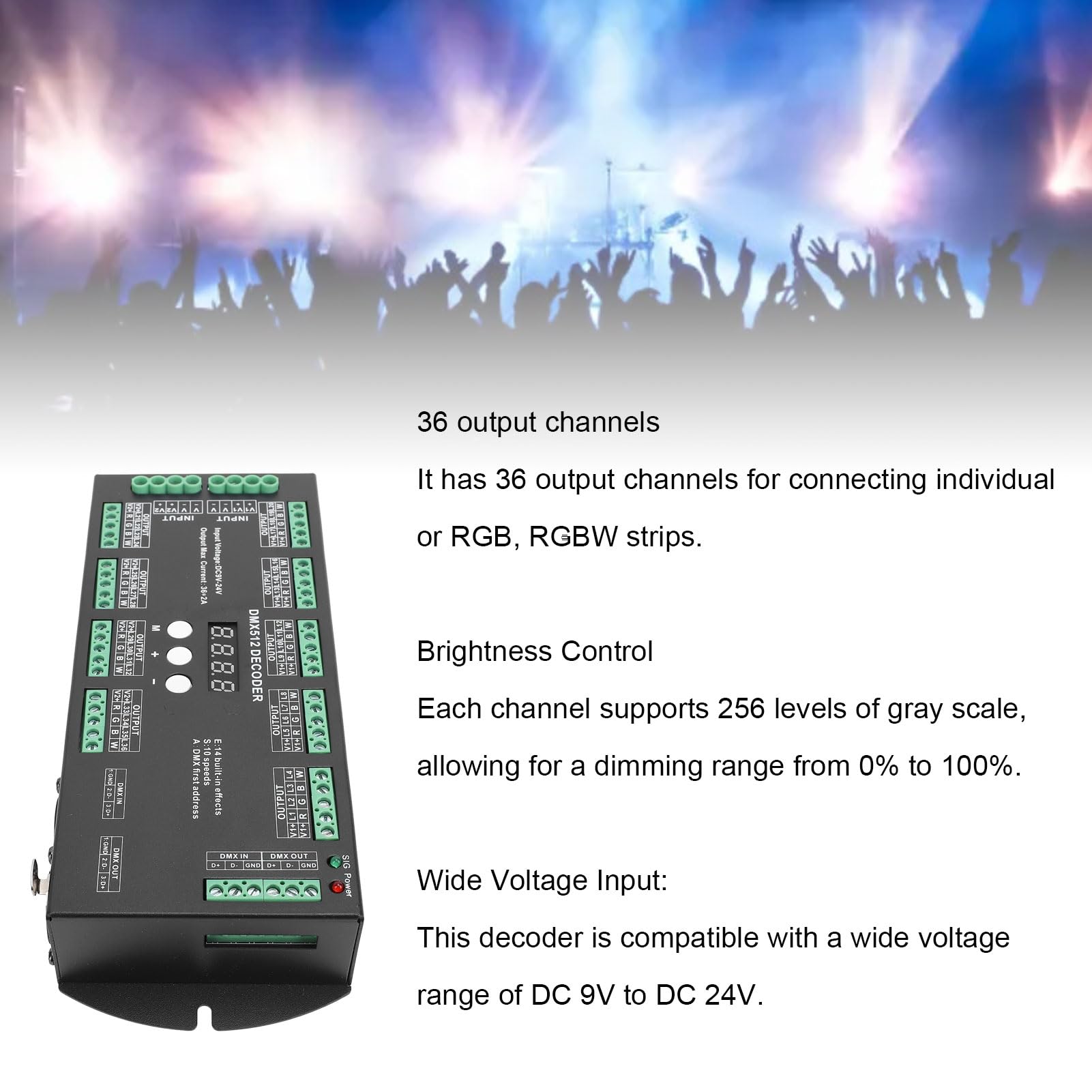 Pyhodi DMX 512 LED -Decoder -Controller 36Ch Digital Display Decoder, 3.46x1.50x8.62in LED -Digitalanzeige Decodering, 2A RGBW Multiple X Decoder -Controller für Strip Light