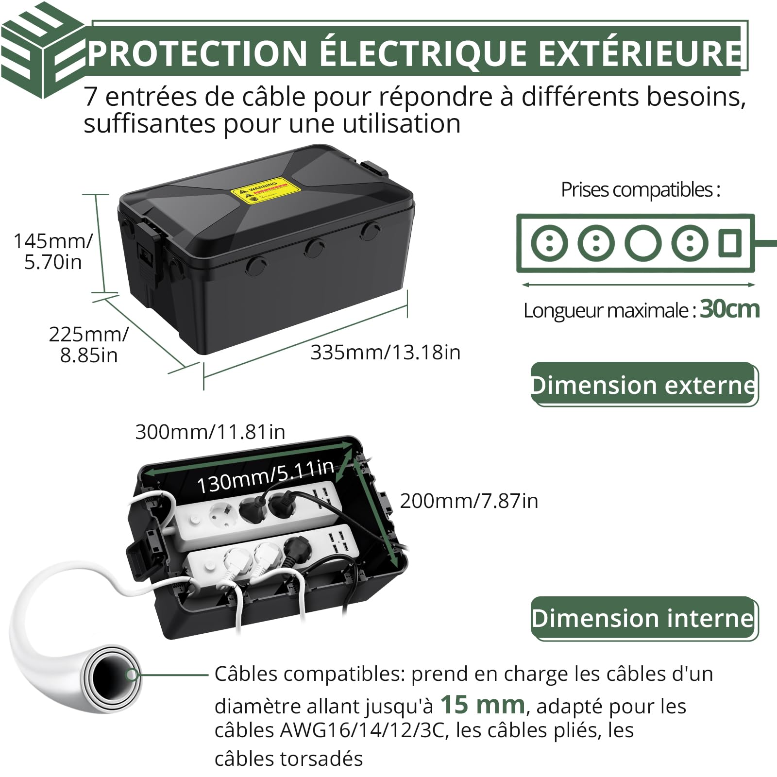 EYPINS Boîte à câbles étanche - Grande boîte électrique d'extérieur étanche IP54 - Pour protéger les rallonges multiprises - 33,5 cm x 22,5 cm x 14,5 cm - Noir
