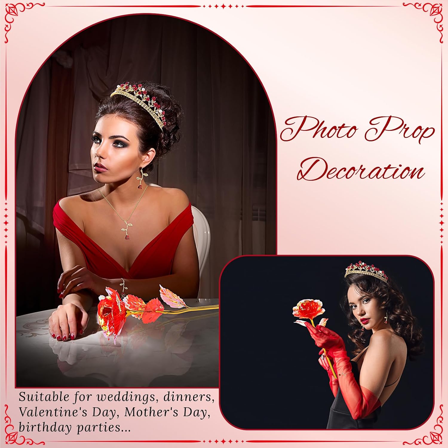 Abbylike 5 Pcs Women Costume Accessories Queen Rose Crown Pendent Bracelet Jewelry Earrings Artificial Rose for Wedding Birthday Gifts
