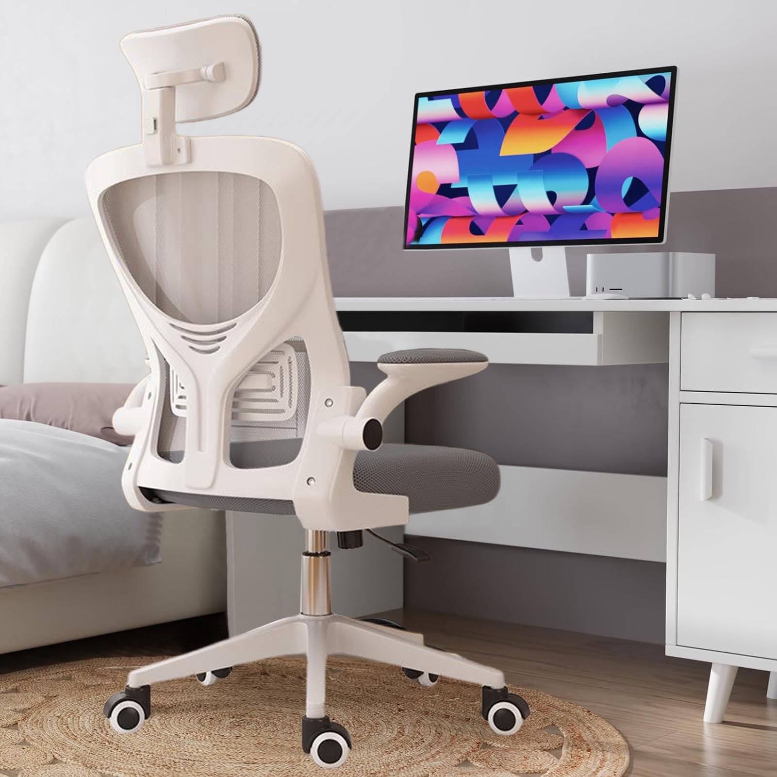 Ergonomic Office Chair, Home Mesh Office Desk Chairs with 45° Adjustable Headrest, 95-105° Lumbar Suppor,Comfortable Gaming Chair, 90°Flip-Up Arms High Back Office Chair for Long Hours (White&Grey) White Grey