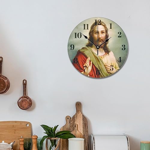 Miniatura 5 de ArogGeld Reloj de pared de Jesucristo, reloj religioso, silencioso y redondo, de madera, funciona con pilas, reloj colgante decorativo para oficina,