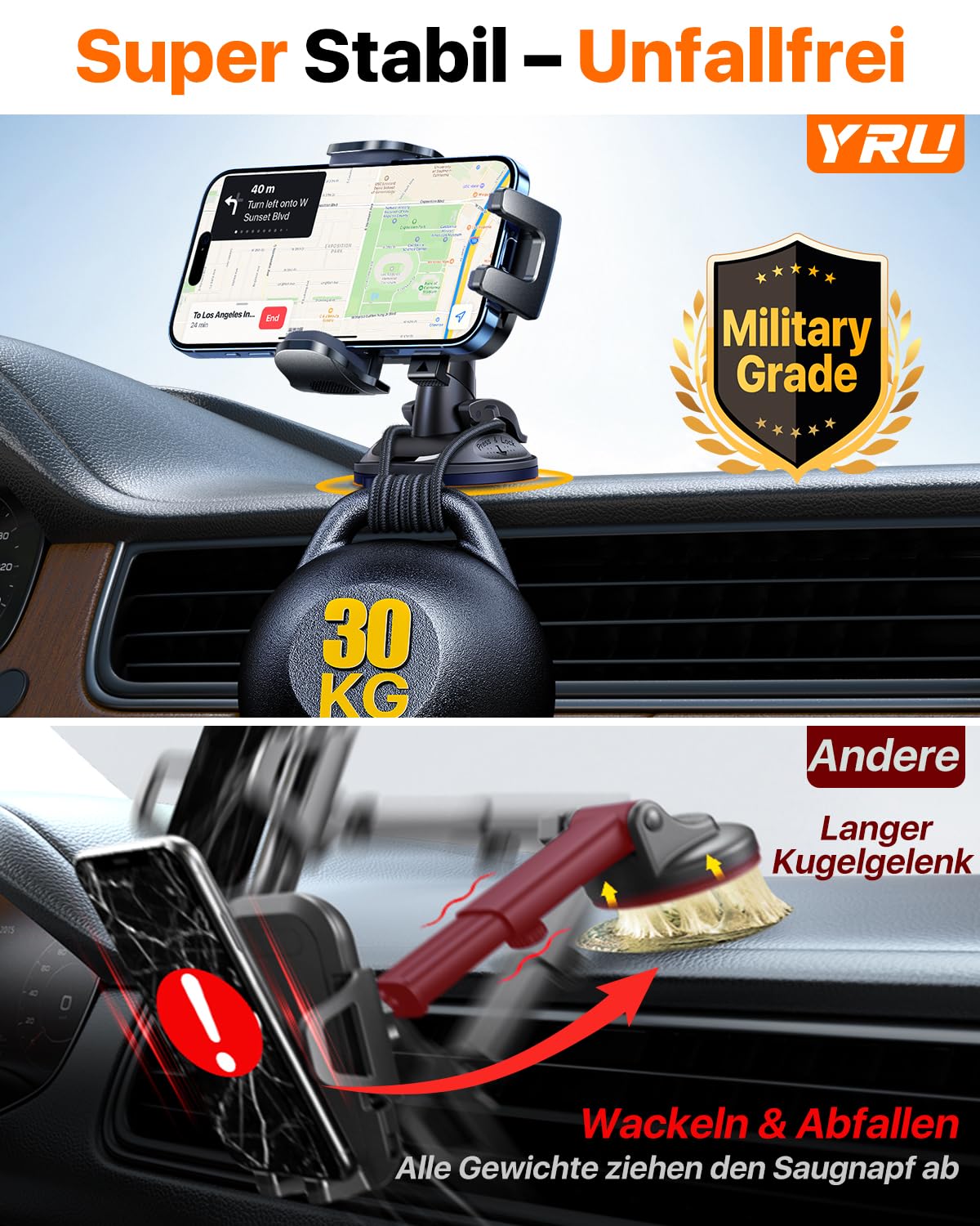 2026 Exclusive Wackelfrei Handyhalterung Auto YRU【Upgrade Bombenfest Saugnapf & Clip】Handy Halterung Auto Kein Rückstand 360° Drehbar Handyhalter Armaturenbrett Scheibe für iPhone Samsung, Mattschwarz