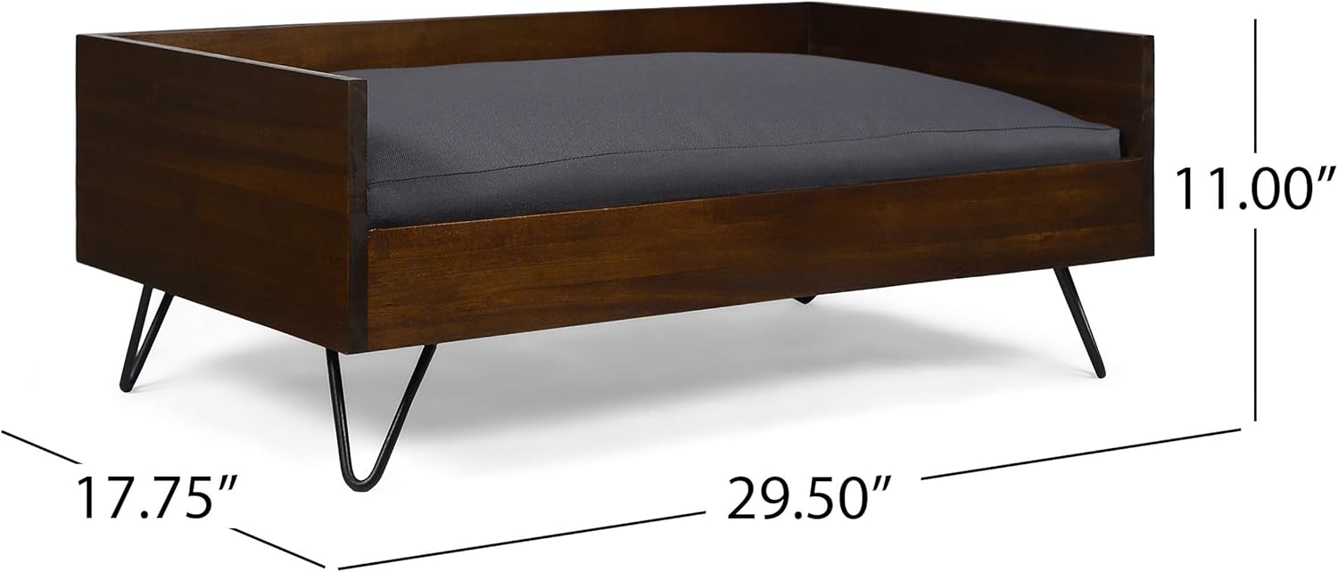 GDFStudio Mid Century Modern Pet Bed with Acacia Wood Frame, Dark Oak and Dark Gray