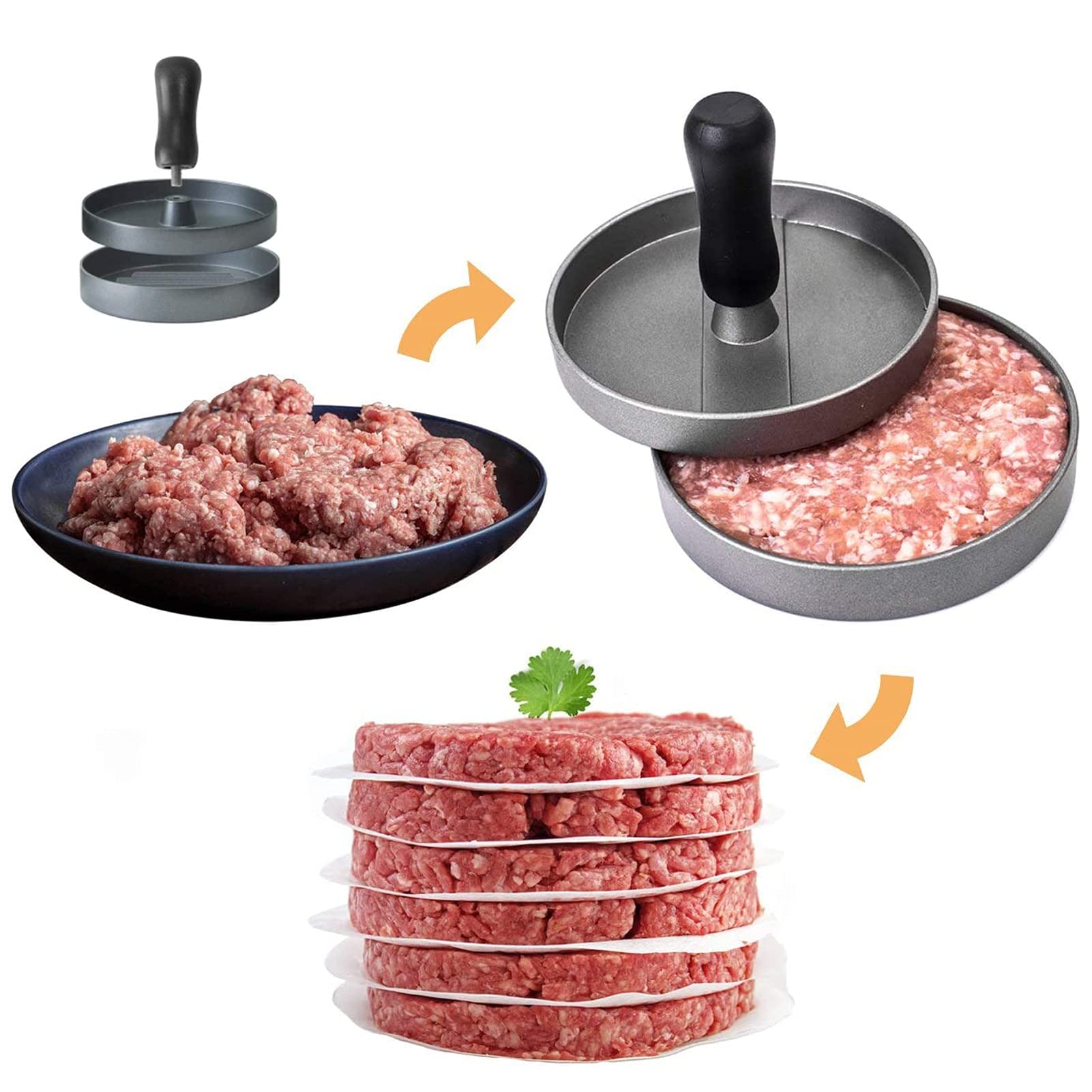 Pressa Hamburger in Alluminio - Stampo per Hamburger Antiaderente con Set di 100 Carta per Hamburger - Ideale per Hamburger di Carne e Vegetariani - Accessorio per Barbecue