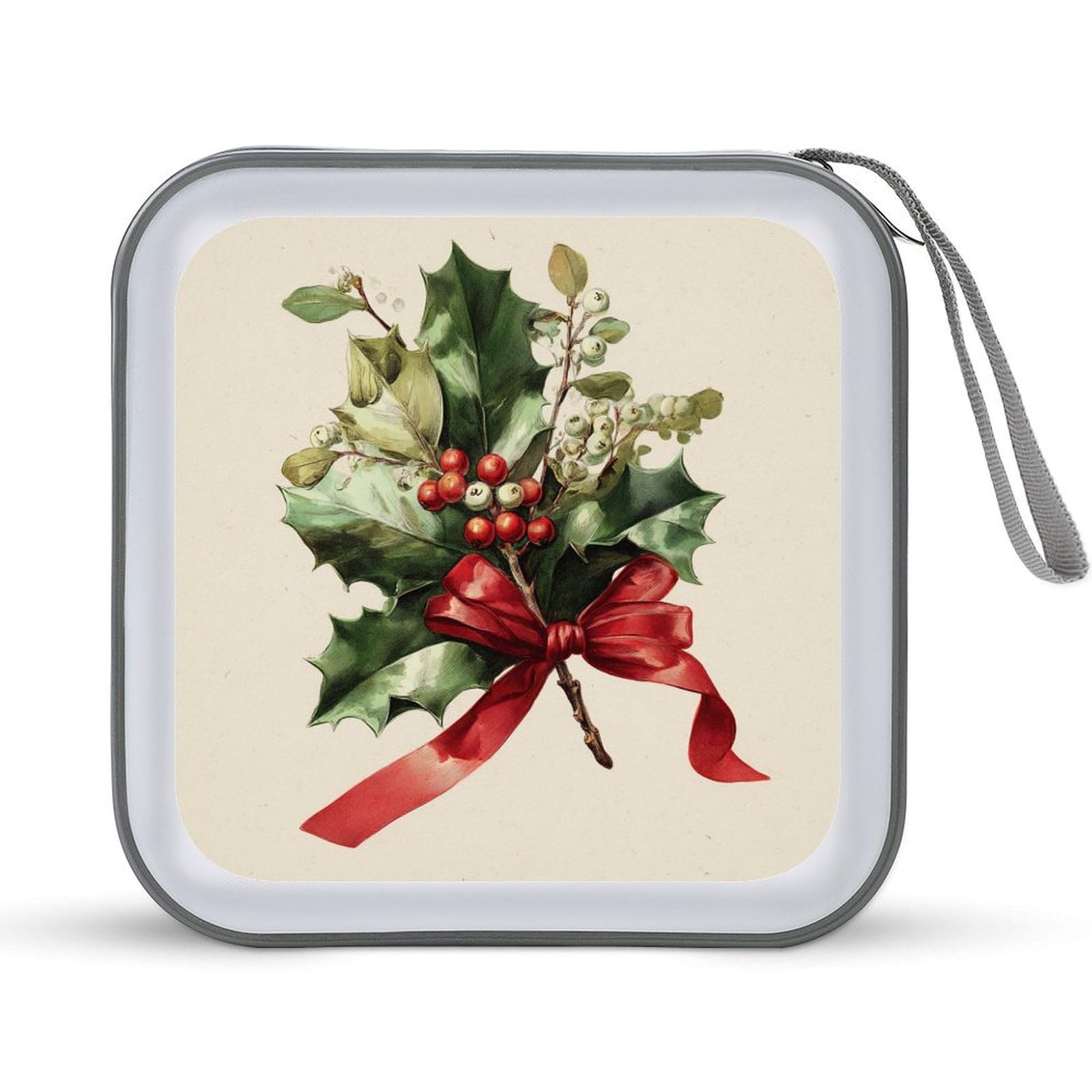 Christmas Holly Mistletoe with Red Bow CD Case DVD Storage Case Portable
