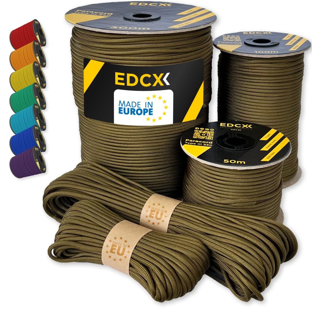 Corde Paracord EdcX 4 mm, 20+ Couleurs Militaires | Idéal pour l'Artisanat et le Camping | 100% Nylon 4 mm | Cordon 550 