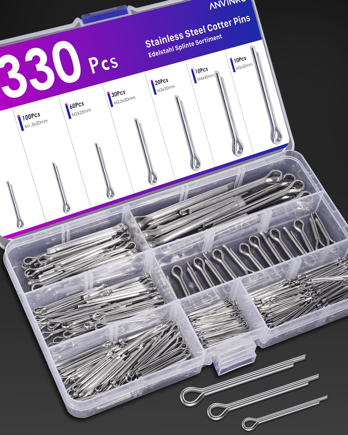 Set di 330 splinte in acciaio inox, 7 misure, M1/M1.5/M2/M2.5/M3/M4/M5, 304 in acciaio inox per auto, meccanica, riparazione navale