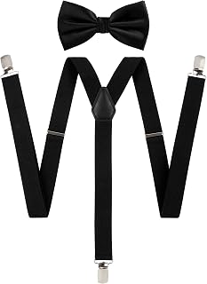 TIE G Solid Color Men's Suspender + Woven Bow Tie Set for Wedding : Vivid Color, Adjustable Brace, Strong Clip, Elastic Band