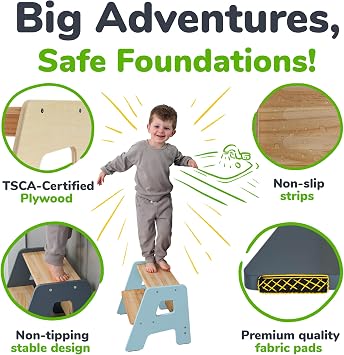 OCODILE 2-Step Wooden Step Stool for Toddlers | Kids Stool for Bathroom Sink & Kitchen Use | Non-Slip Step | Wooden Stool for Children Ages 2+ Years Blue