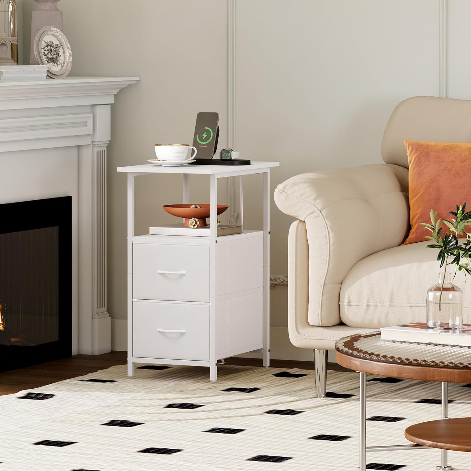 Somdot End Table with Charging Station,Narrow Side Table with 2 Fabric Drawers,Skinny Nightstand with Storage,Small Slim Bedside Table for Living Room,Sofa,Bedroom,Couch,White Leather