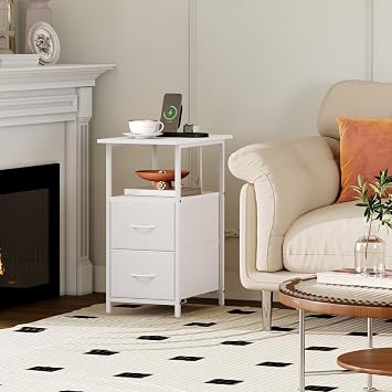 Somdot Narrow End Table with Charging Station, 2 Drawers, Slim Side Table | Fabric Storage Nightstand for Bedside, Living Room, Sofa, Bedroom and Couch, White