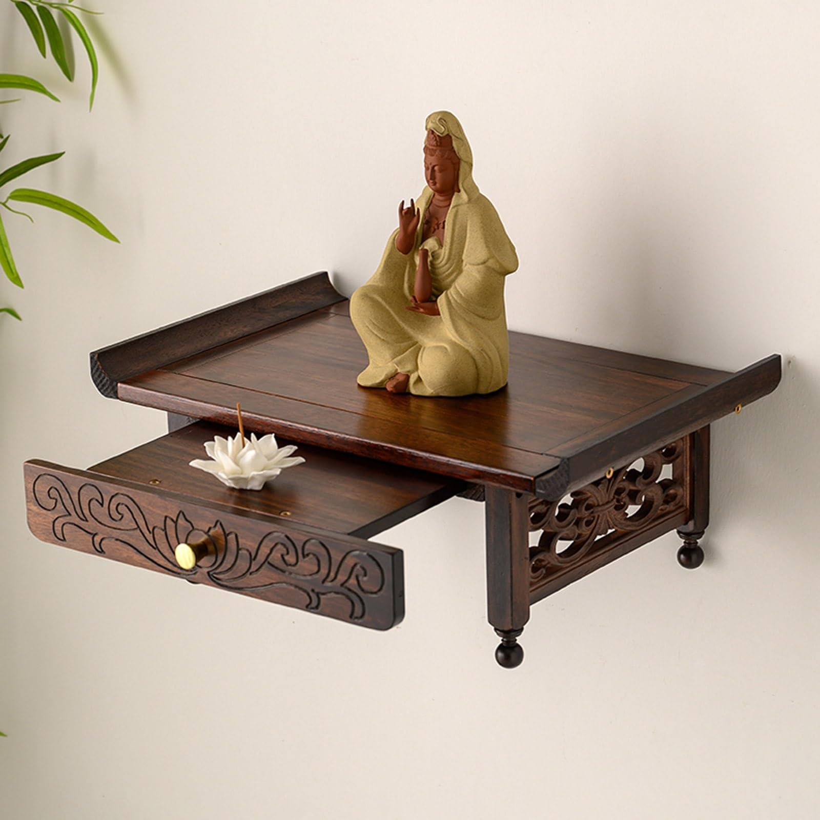 Stuijkvsz Wall Mounted Buddha Niche Altar,Wall Chinese Personal Niches Shrine Meditation Table,Bamboo Prayer Buddhist Incense Table(60X25x16cm/23.6X9.8x6.3in)