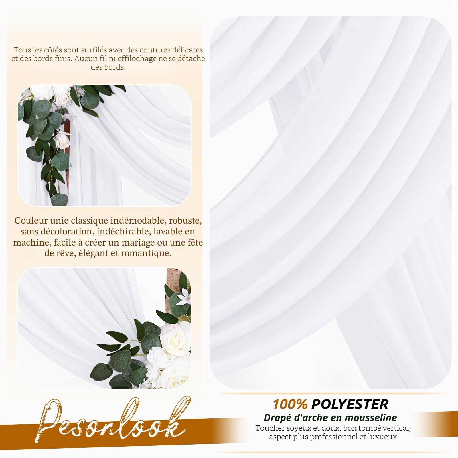 Lot de 4 panneaux de tissu drapé pour arche de mariage, 73 cm x 6,1 m, blanc pour arche de mariage, décoration de cérémonie, arche de scène, église, fête, décoration de plafond