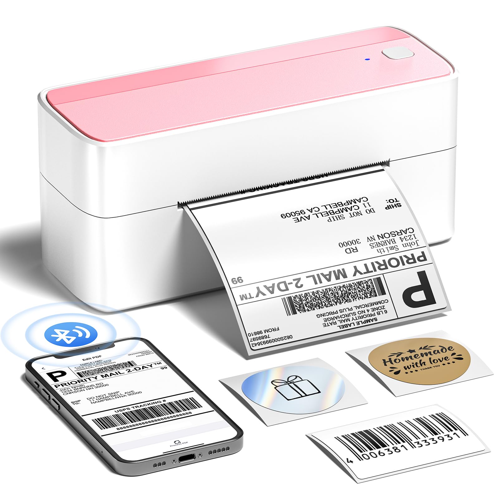 Phomemo DHL Etikettendrucker 4x6, Bluetooth Thermodrucker, Versandetiketten Drucker Label Printer, Kompatibel mit Amazon, Etsy, Shopify, DHL, UPS, FedEx, Royal Mail, USB & Bluetooth Verbindung - Rosa