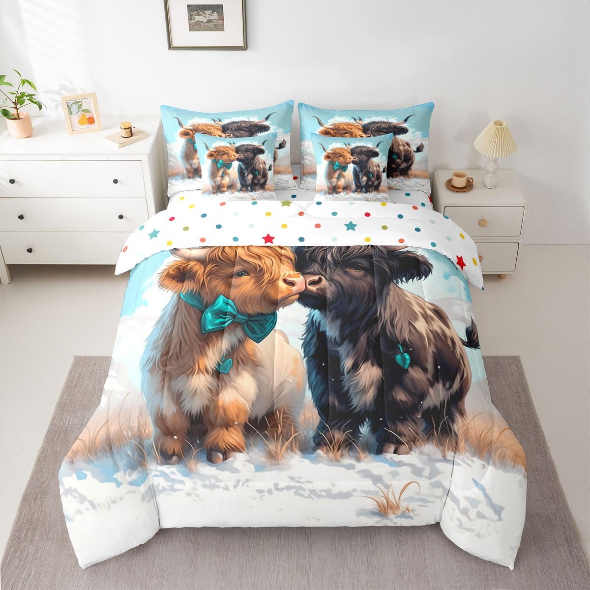 jejeloiu Highland Cow Comforter Set with Sheets 7 Piece King Size Highland Cattle Bedding Set for Kids Boys Girls Blue Bed in a Bag Room Decor Soft Lightweight Microfiber