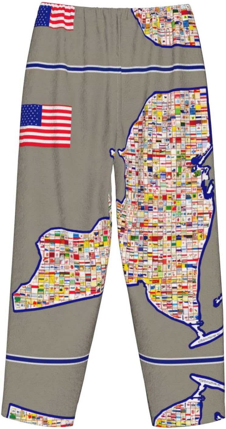 Abstract New York Flag Map Print Cozy Christmas Pajama Pants,Flannel Pajama Bottoms,Cater To Various Body Types