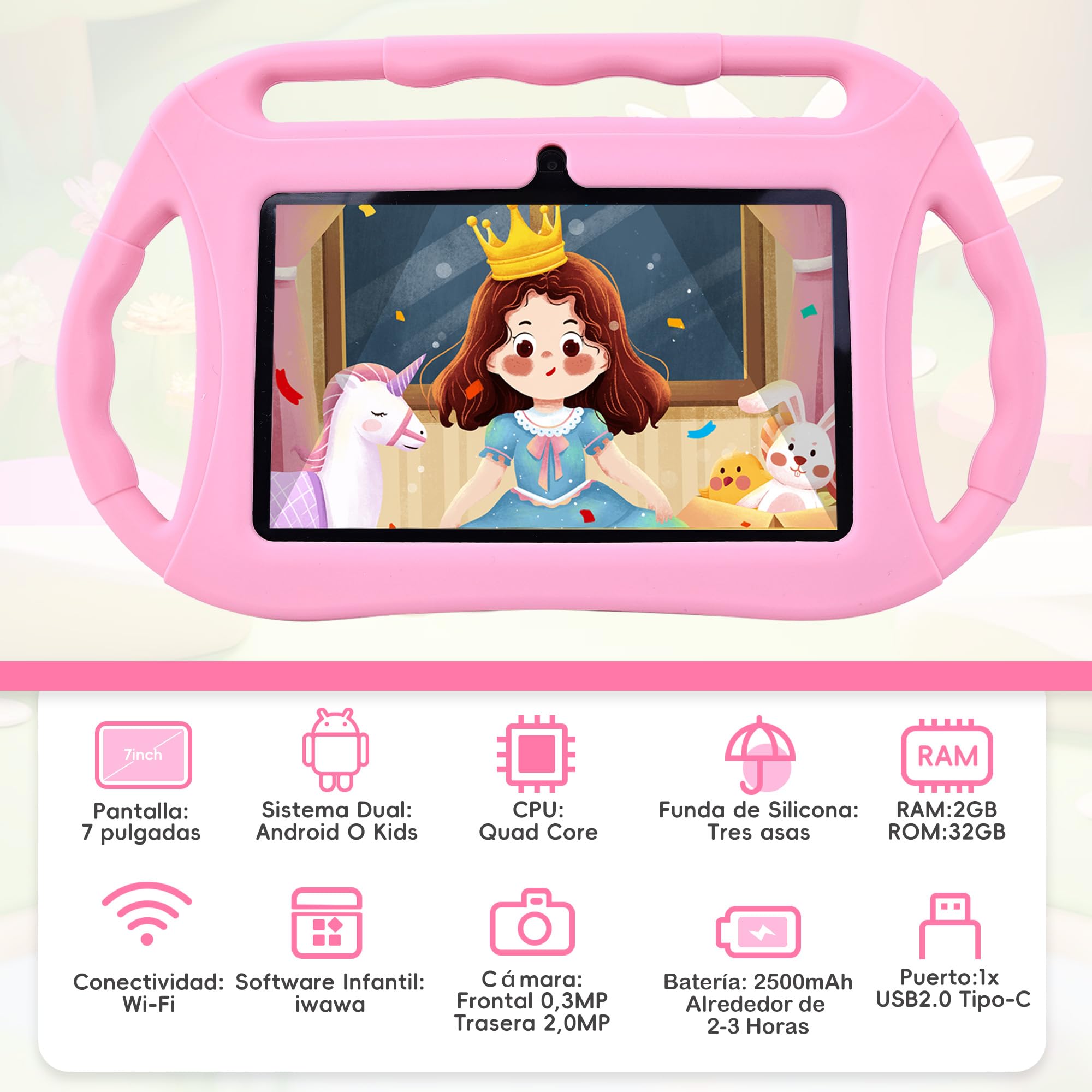 Veidoo Android Tablet para niños, 7 Pulgadas HD Tablet Infantil, 2GB RAM 32GB ROM, WiFi, Cámara Dual con Estuche, Control Parental, Juegos Educativos, Protección para Los Ojos(Rosa)