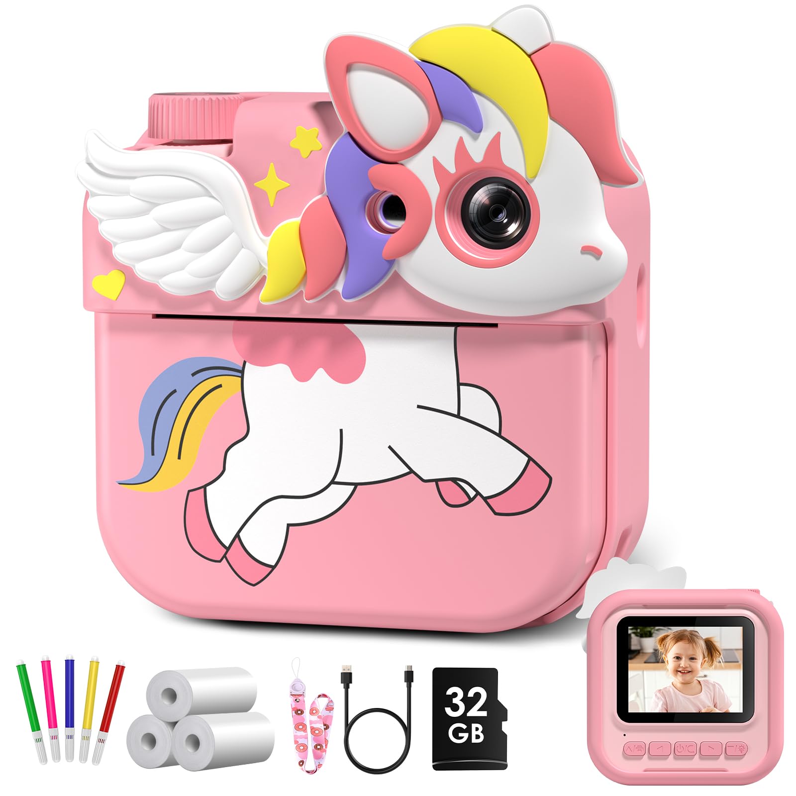 Macchina Fotografica Bambini Istantanea,Hangrui 12MP/1080P HD Fotocamera Bambini con Carta da Stampa e 32G, Fotocamera Digitale Stampa Istantanea, Regalo per Bambini dai 3-12 Anni-Rosa chiaro